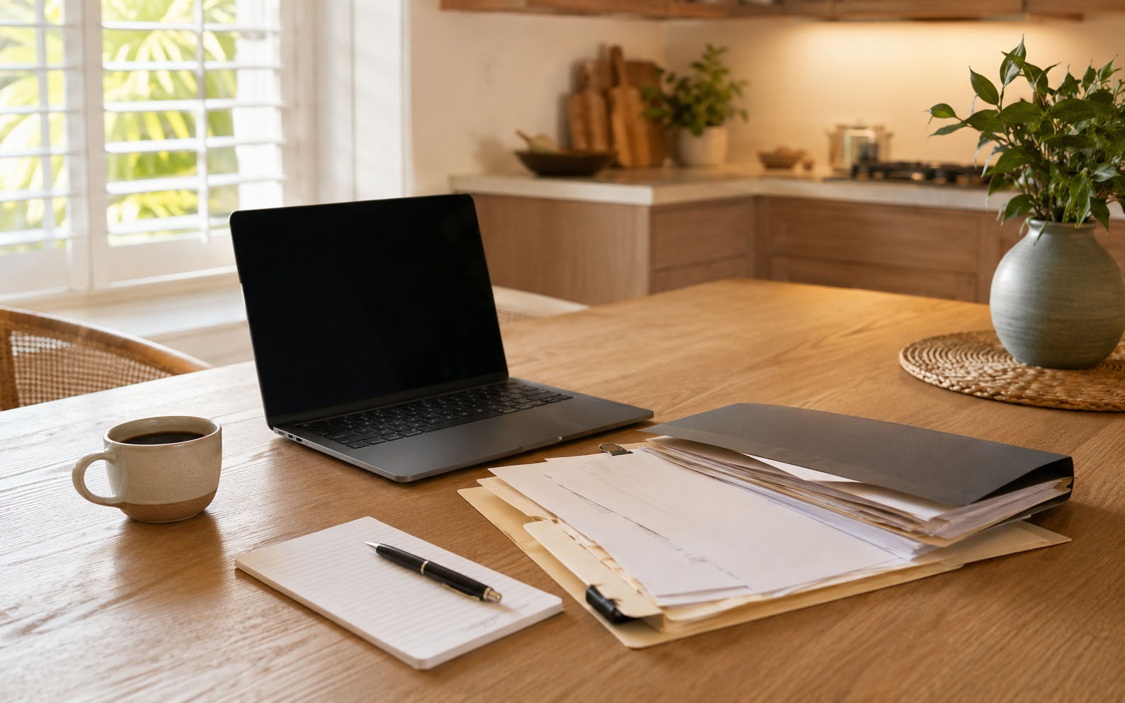 Paperwork and a laptop on a kitchen table