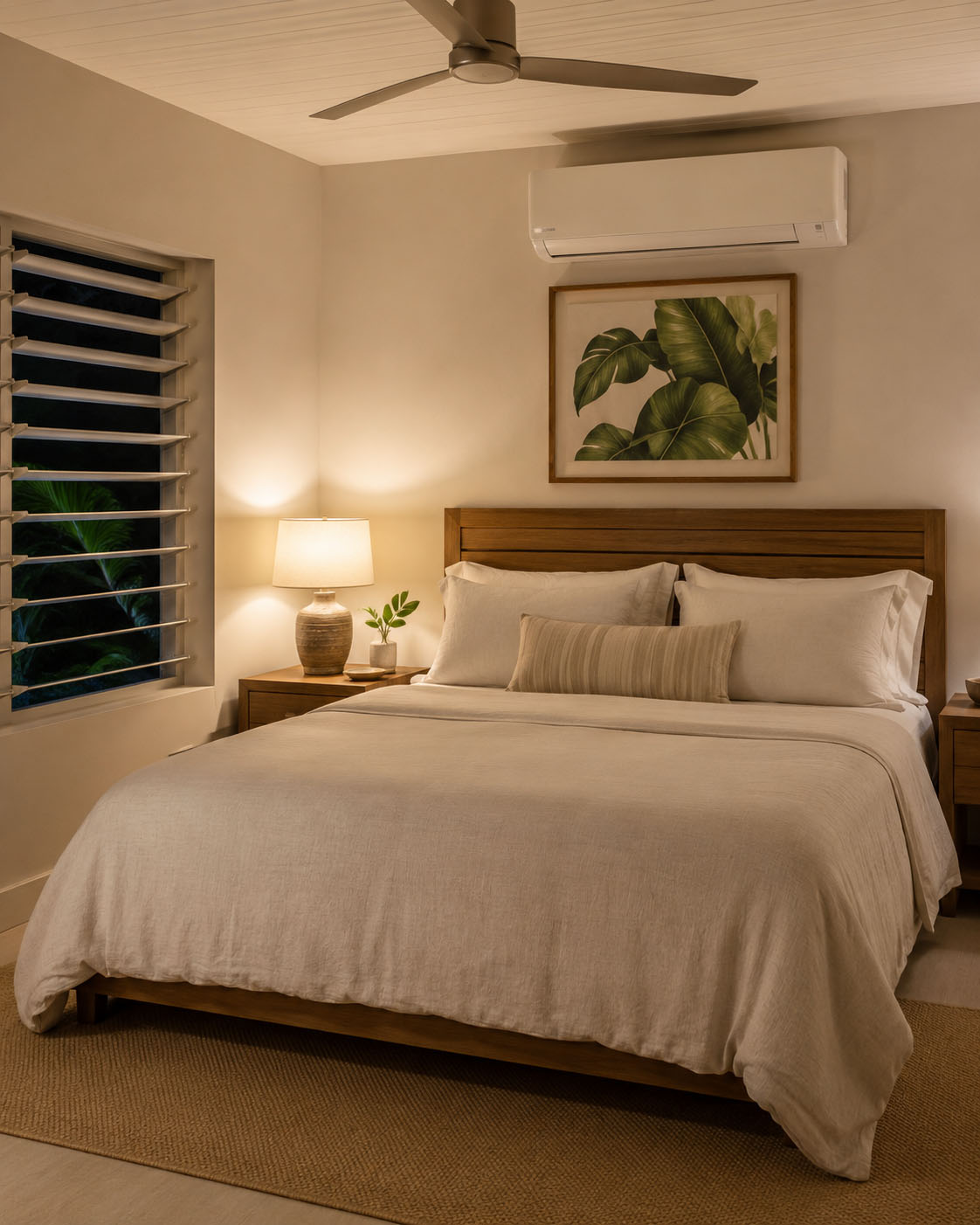 Bedroom with a wall mounted air conditioner