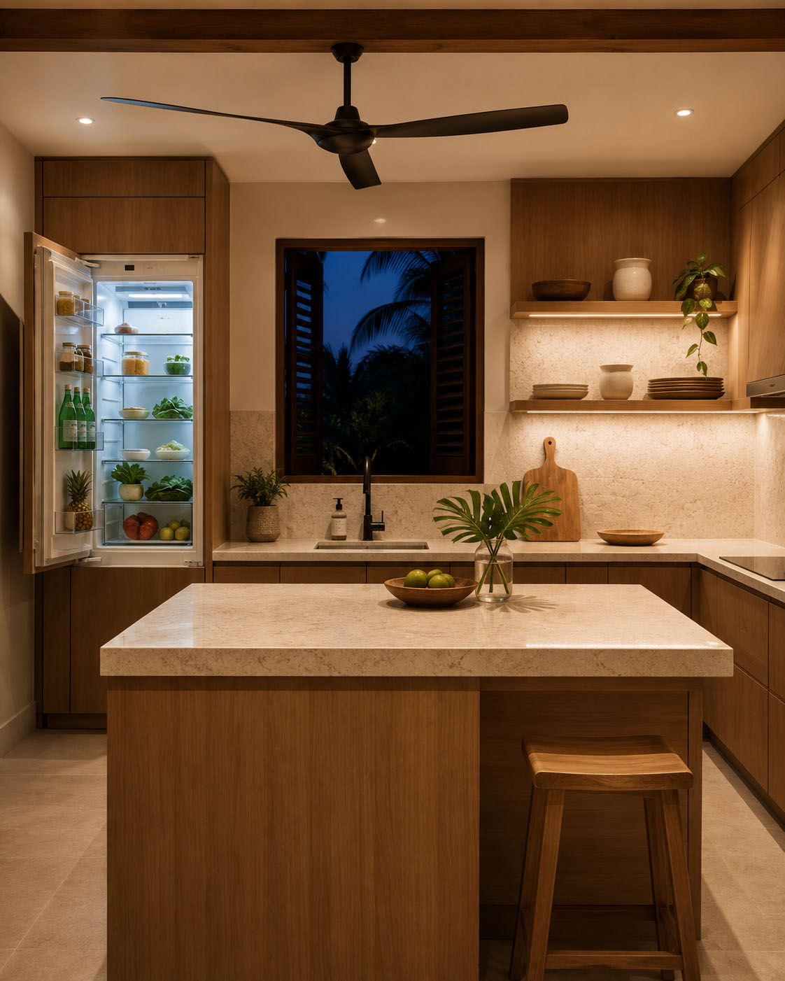 Kitchen refrigerator with lights on