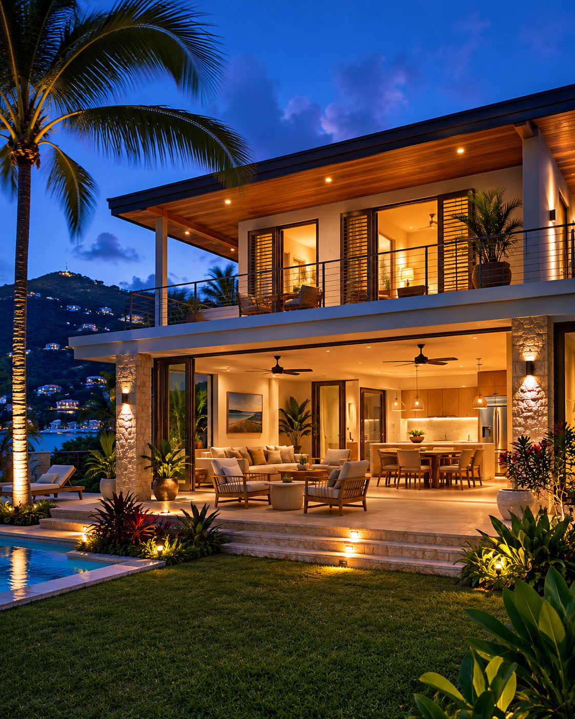 Villa exterior lit at night