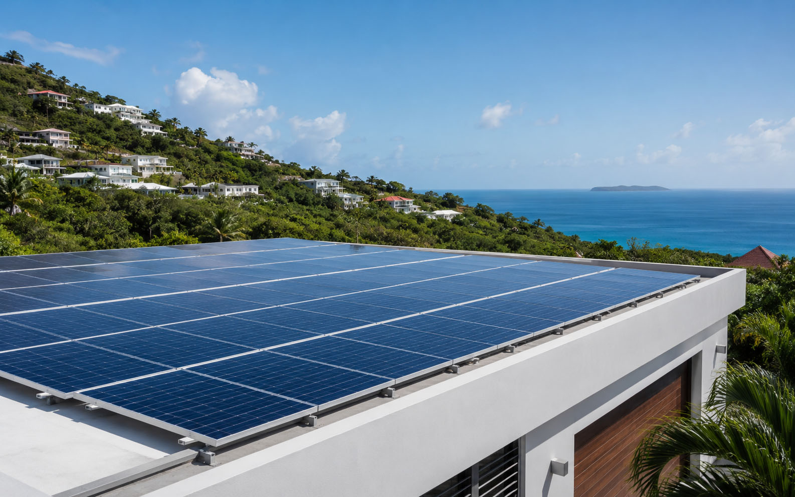 Fixed solar array on a Caribbean roof