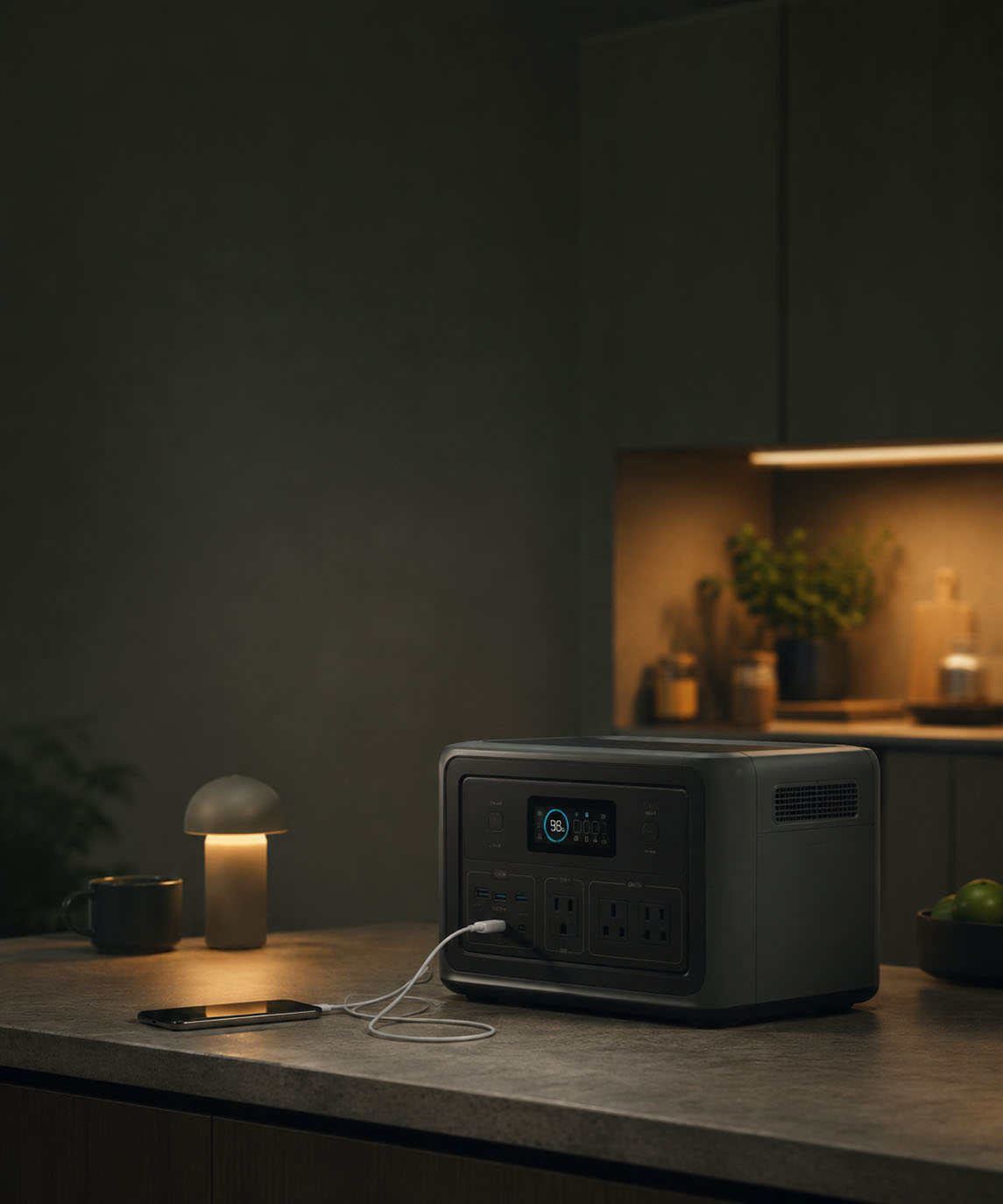 Portable power station on a kitchen counter